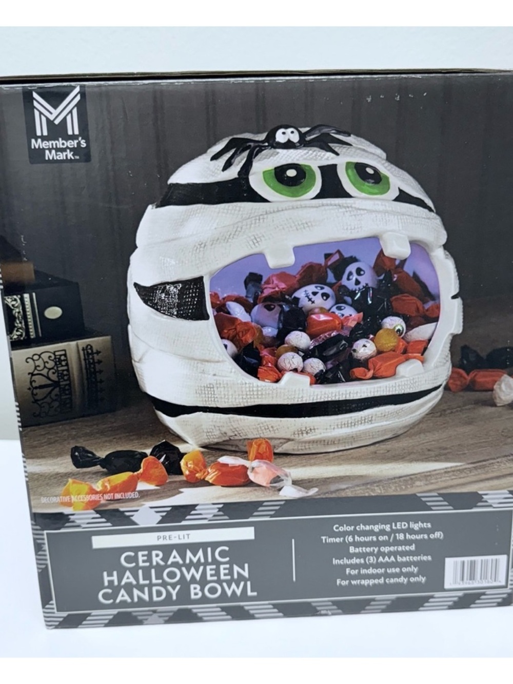 New! Member's Mark LED Pre-Lit Ceramic Mummy Halloween Candy Bowl
